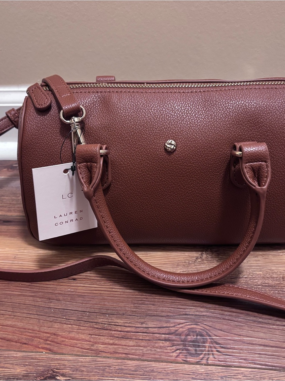 LC Lauren Conrad Chestnut Pebbled Leather Crossbody Barrel Bag